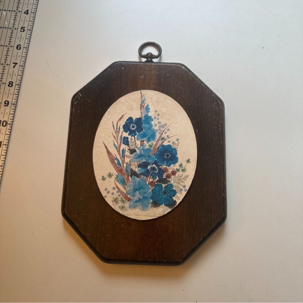 Vintage Octagonal Wood Plaque Blue Floral Flowers Cottagecore